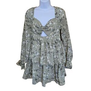 Green Floral Long Sleeve Boho Dress Cute Tiered peasant cottagecore flower power